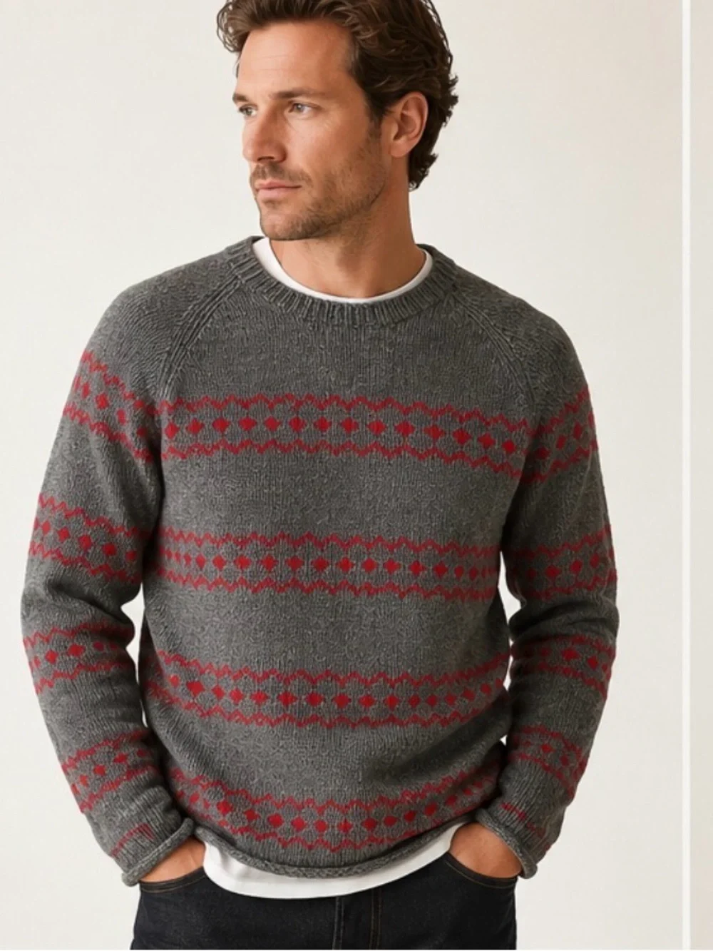 J.Crew Handknit 100% Lambswool Fair Isle Sweater Gray Red Nordic Crewneck XXL